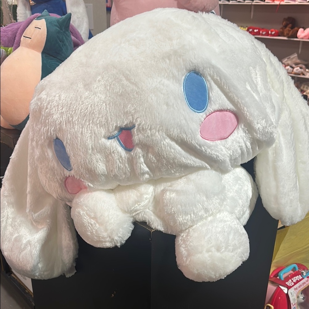 Fluffy White Plush Bunny with Blue and Pink Details